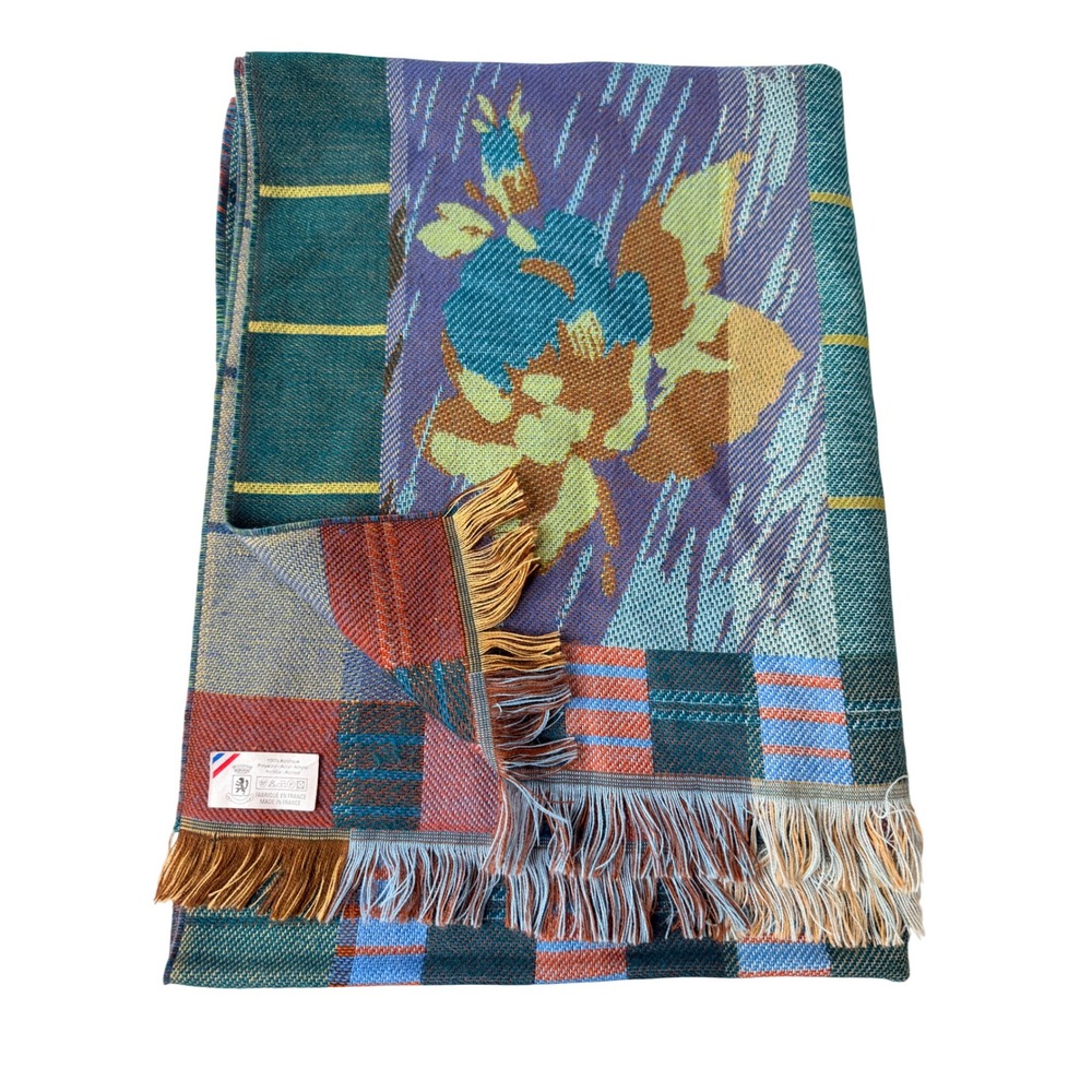 Vintage Made in France Floral Plaid Acrylic Scarf Wrap OS